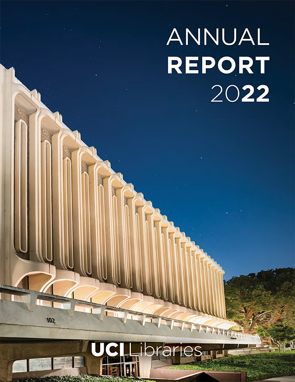 Cover of UCI Libraries 2022 Annual Report showing side of Jack Langson Library at night